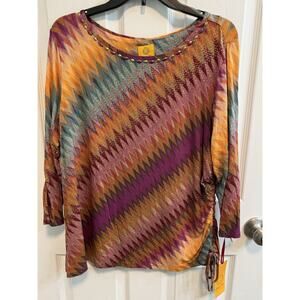 Ruby Rd XL Top Orange Drawstring Side Studded Scoop Neckline 3/4 Sleeves New